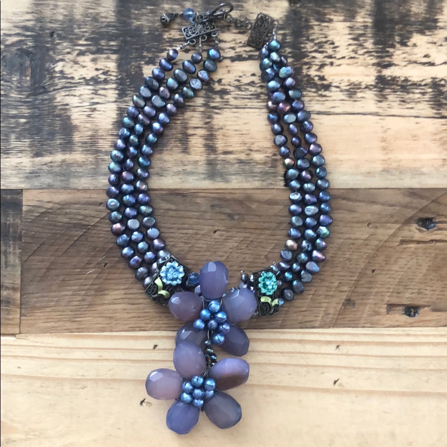 Genuine Pearl Necklace With Purple Floral Pendant